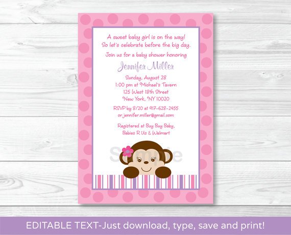 Lil Girl Monkey Jungle Safari Printable Baby Shower Invitation Editable PDF #A153