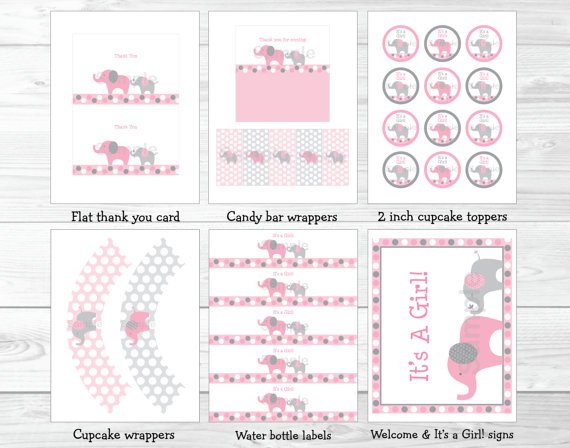 Pink And Gray Polka Dot Elephant Printable Baby Shower Package #A160