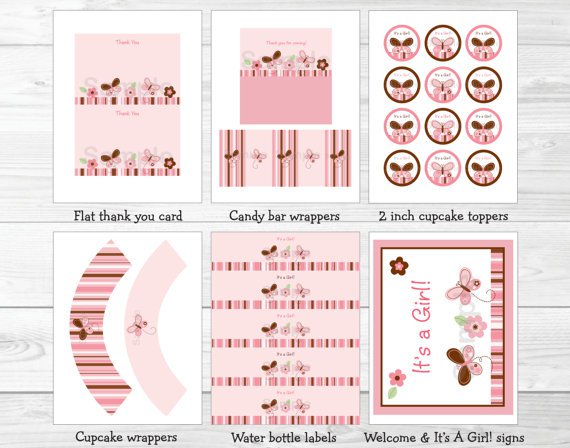 Pink Butterfly Flowers Printable Baby Shower Party Package #A147