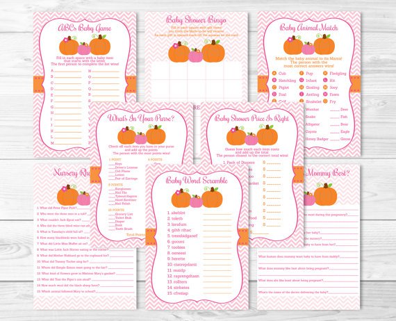 Pink Pumpkin Chevron Baby Shower Games Pack - 8 Printable Games #A166