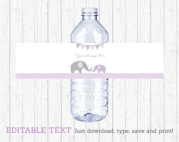 Purple Chevron Elephant Water Bottle Labels Printable Editable PDF #A184