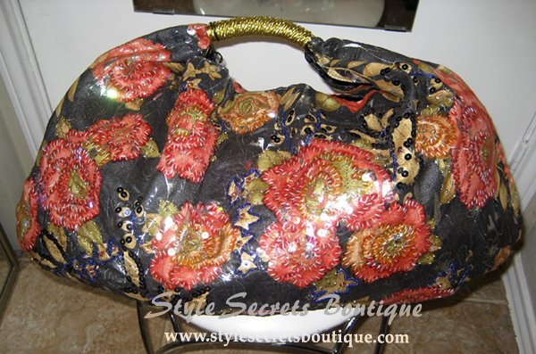 BEADED SEQUINS BLACK GOLD FLORAL SATCHEL BAG PURSE BIG