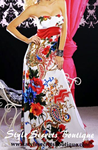 SIZE L: SEXY CLEAVAGE GODDESS FLOOR LENGTH FLORAL PRINT COCKTAIL DRESS