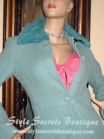 Size XS: MARCIANO TEAL TWEED RABBIT FUR JACKET PARIS HILTON
