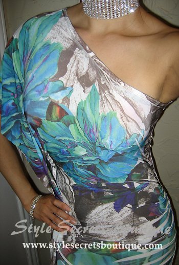 Size S: SEXY ONE SHOULDER RUFFLE DOLMAN SKY BLUE FLORAL BODYCON RUCHED DRESS S