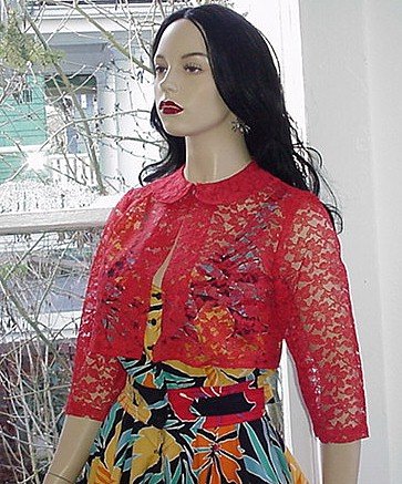 Sheer 50s Vintage VLV RED Lace Crop Topper Bolero S M
