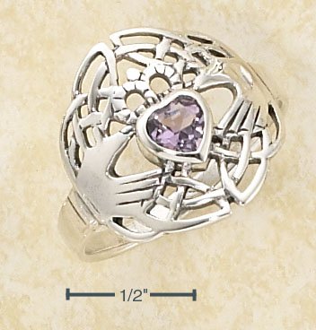 CLADDAGH RING WITH HEART SHAPED AMETHYST