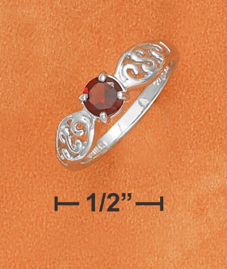 5MM ROUND GARNET RING W/ OPEN SCROLLED PINCHED RING