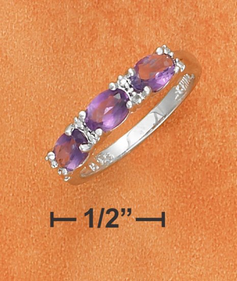STERLING SILVER TRIPLE 4X6MM SIDE OVAL AMETHYST RING