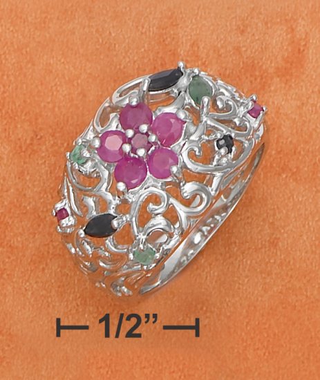 RUBY FLOWER FILIGREE OPEN DOME RING W/ EMERALD/SAPPHIRES.
