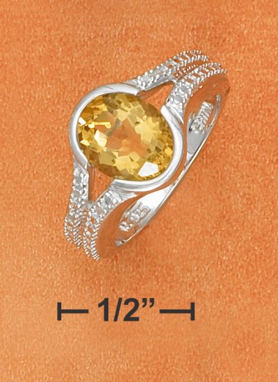 STERLING SILVER 10X8MM OVAL CITRINE W/ DIAMOND ACCENT RING