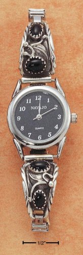 STERLING SILVER WOMENS ONYX WATCH W/ BLACK FACE