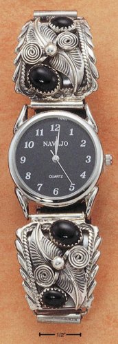 STERLING SILVER MENS ONYX WATCH W/ BLACK FACE