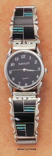 STERLING SILVER MENS WATCH W/ LAB OPAL & ONYX INLAY