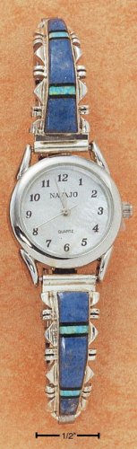 LADIES WATCH W/ LAB OPAL /DEMIN LAPIS & ONYX INLAY TIPS
