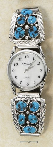 STERLING SILVER MENS FIVE STONE TURQUOISE NUGGET TIPS WATCH