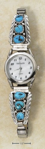 LADIES MOP FACE W/ (2) 3-STONE TURQUOISE NUGGET TIPS WATCH