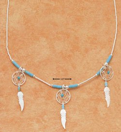 STERLING SILVER 18" NECKLACE TURQUOISE & TRIPLE DREAMCATCHER