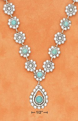 16"-20" ADJ FLOWER LINK W/ TURQUOISE STONE & DROP PENDANT NECKLACE