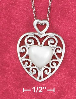 18" CABLE CHAIN NECKLACE W/ MOP HEART IN SCROLLED FRAME