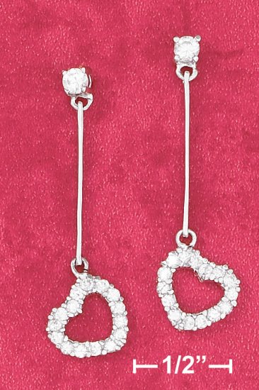 CZ POST EARRING W/ BAR AND OPEN CZ HEART DANGLE