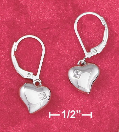 PUFFED HEART LEVERBACK EARRINGS W/ 2MM PRINCESS-CUT CZ INSET
