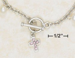 STERLING SILVER 7" BRACELET WITH PEARL,CROSS W/ BOW / HEART DANGLE.