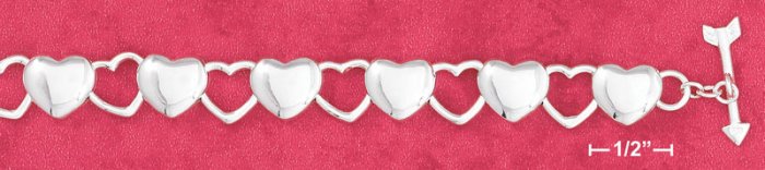 SILVER OPEN & SOLID HEART LINKS W/ ARROW TOGGLE BRACELET