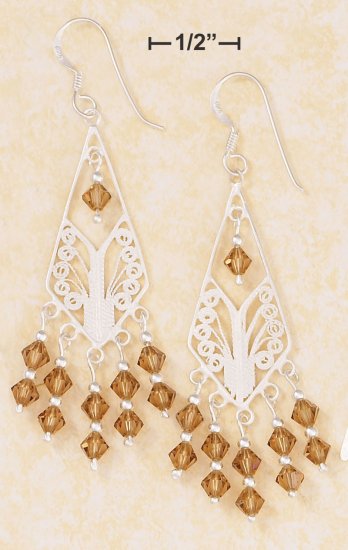 SILVER DIAMOND SHAPE FILIGREE EARRINGS W/CHAMPAGNE SWAROVSKI CRYSTAL