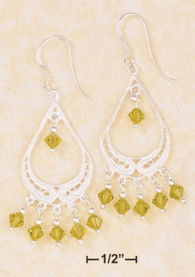 SILVER OVAL FILIGREE DANGLE EARRINGS W/ LT GREEN SWAROVSKI CRYSTAL