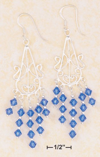 STERLING SILVER FILIGREE WIRE DANGLE EARRINGS W/ROYAL BLUE SWAROVSKI CRYSTALS