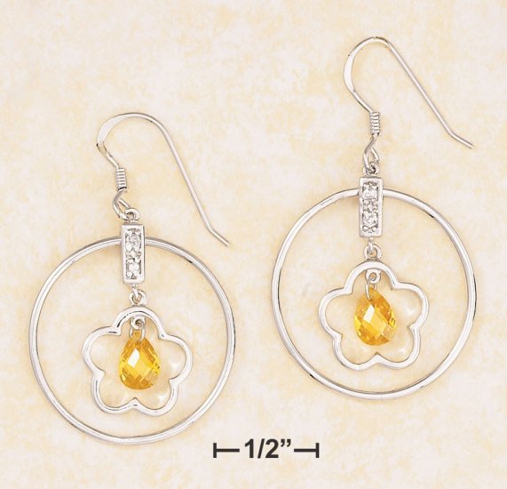HOOP EARRINGS W/DANGLE FLOWER, YELLOW STONE /CZ ACCENT