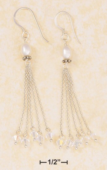 SILVER HP DANGLE EARRINGS W/ OVAL PEARL, 4 CHAINS/CRYSTALS