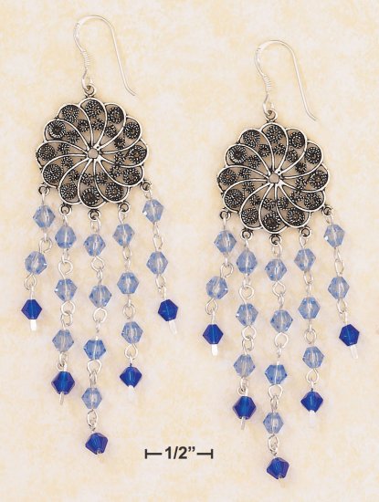 SILVER ANTIQUED FLORAL DISK EARRINGS /LT & DK BLUE CRYSTALS