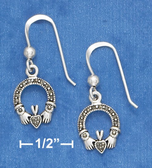 SILVER 1/4" MARCASITE CLADDAGH EARRINGS ON FRENCH WIRES