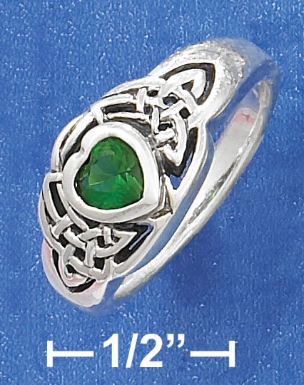 SILVER 5MM GREEN GLASS HEART RING WITH CELTIC KNOTS