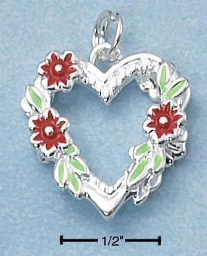 ENAMEL HEART W/ RED FLOWERS & GREEN LEAVES CHARM