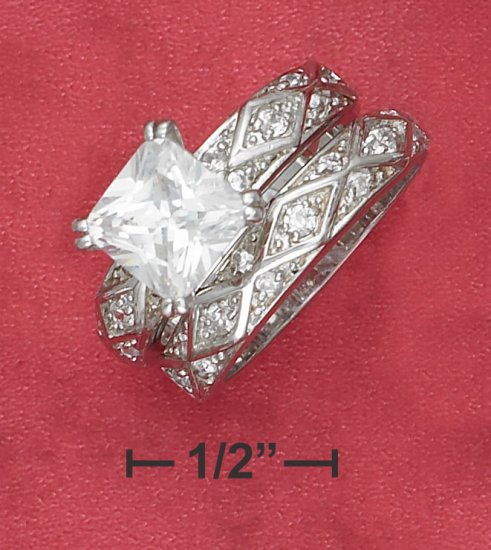 STERLING SILVER 3CT SQUARE CUBIC ZIRCONIA SOLATAIRE WEDDING SET