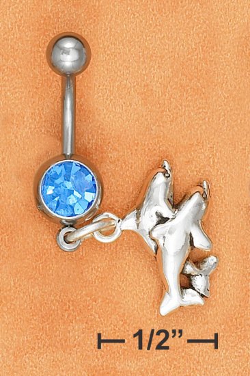 BELLY RING W/ SAPPHIRE GEMSTONE & DOUBLE DOLPHIN DANGLE