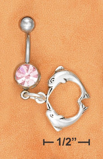 BELLY RING W/ PINK ICE GEMSTONE & KISSING DOLPHIN DANGLE