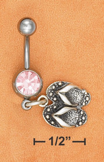 BELLY RING W/ PINK ICE GEMSTONE & FLIP FLOP DANGLE