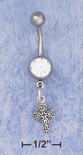 SILVER BELLY RING W/ .75 CT CZ /CELTIC CROSS DANGLE