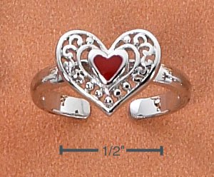 STERLING SILVER SCROLLED RED HEART TOE RING