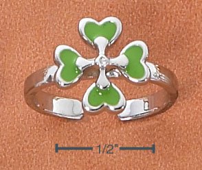 STERLING SILVER GREEN ENAMEL FOUR-LEAF CLOVER TOE RING