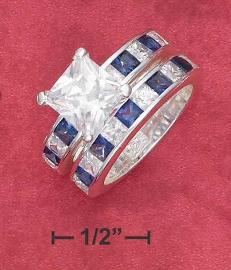 STERLING SILVER SYNTHETIC SAPPHIRE & CZ WEDDING RING SET