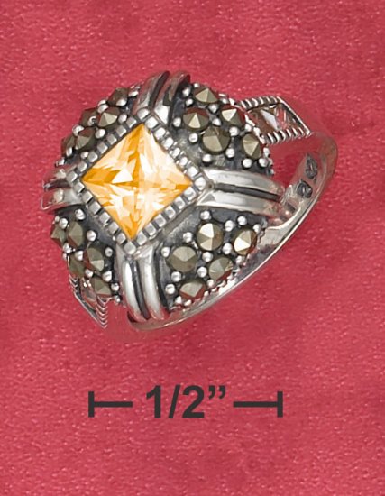 STERLING SILVER 1.25CT SQUARE ORANGE CZ CENTER RING .