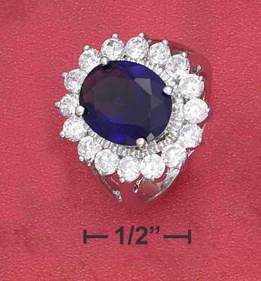 STERLING SILVER 5CT OVAL SYNTHETIC SAPPHIRE W/ CLEAR CZ BORDER