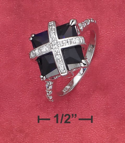 STERLING SILVER 7.5 CT SIMULATED SAPPHIRE RING/PAVE CRISS CROSS