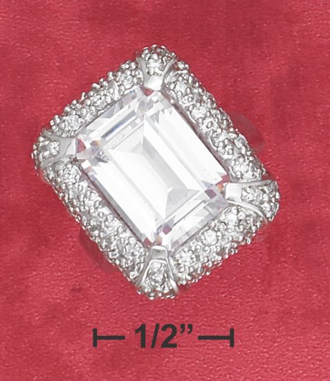STERLING SILVER PAVE CZ FRAMED 9 CT EMERALD CUT CLEAR CZ RING