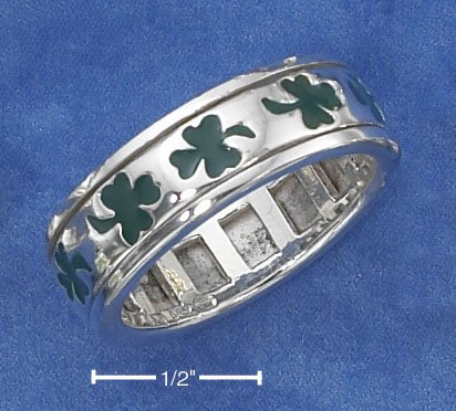 STERLING SILVER UNISEX GREEN ENAMEL SHAMROCK SPINNER BAND